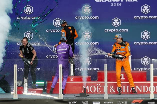 Champagne shower between 2nd place Lando Norris McLaren Formula 1 Team , Winner, Winner, Kimi Antonelli Mercedes AMG Petronas 12 , 3rd place Oscar Piastri McLaren Formula 1 Team 81 , Grand Prix of Miami, Motorsport, Men, Formula 1, Race, 03 05 2026 Miami Florida USA Copyright: xkolbert-press ChristianxKolbertx