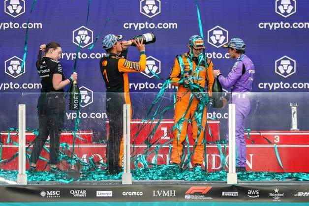 Champagne shower between 2nd place Lando Norris McLaren Formula 1 Team , Winner, Winner, Kimi Antonelli Mercedes AMG Petronas 12 , 3rd place Oscar Piastri McLaren Formula 1 Team 81 , Amy Walker Mercedes AMG Petronas , Grand Prix of Miami, Motorsport, Men, Formula 1, Race, 03 05 2026 Miami Florida USA Copyright: xkolbert-press ChristianxKolbertx
