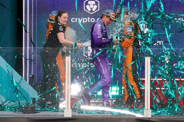 Champagne shower between 2nd place Lando Norris McLaren Formula 1 Team , Winner, Winner, Kimi Antonelli Mercedes AMG Petronas 12 , 3rd place Oscar Piastri McLaren Formula 1 Team 81 , Grand Prix of Miami, Motorsport, Men, Formula 1, Race, 03 05 2026 Miami Florida USA Copyright: xkolbert-press ChristianxKolbertx