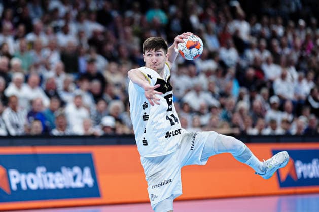 7 meter throw goal Lukas Zerbe THW Kiel, 24 GER, THW Kiel vs RK Nexe, Handball, EHF European League, quarter-final, second leg, 2025 2026 season, 05 05 2026 GER, THW Kiel vs RK Nexe, Handball, EHF European League, quarter-final, second leg, 2025 2026 season, 05 05 2026 Kiel Copyright: xEibner-Pressefoto MarcelxvonxFehrnx EP_MFN
