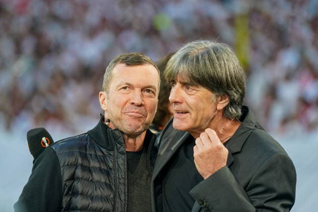 Germany Soccer Europa League 2025 2026, semi-final SC Freiburg vs Sporting Braga Europa Park Stadium Freiburg Lothar Matthäus and Joachim Jogi Löw, former coach of the German national soccer team, TV expert, soccer legend, record international player, portrait, UEFA Europa League, microphone, TV broadcast, media, live reporting, stadium, soccer analysis, expert, sports journalism, broadcast, interview, soccer star, former world champion, DFB, RTL, sports moderation, soccer reportage, sideline, Bundesliga, international soccer, sporting event, media presence, soccer icon Copyright: xJOERANxSTEINSIEKx