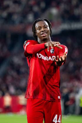 GER, Europa League, semi-final, SC Freiburg vs Sporting Braga 07 05 2026, Europa Park Stadion, Freiburg, GER, Europa League, semi-final, SC Freiburg vs Sporting Braga, in the picture Johan Manzambi SC Freiburg, 44 celebrates the goal to 2 0, nordphotoxGmbHx xMemmler nph00005