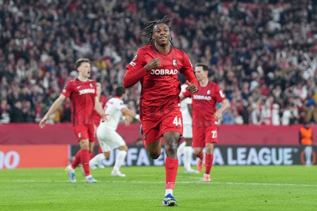 Johan Manzambi SC Freiburg, 44 goal celebration, emotions, goal shot, goal, goal, goal, Germany, football, UEFA Europa League, semi-final, second leg, 2025 2026, SC Freiburg vs SC Braga, 07 05 2026, Europa Park Stadion, Freiburg Europa Park Stadion Baden Württemberg Germany Copyright: xArnexAmbergx