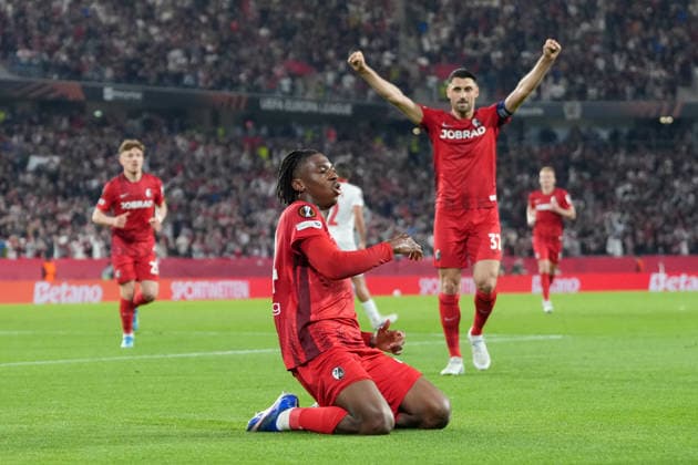 Johan Manzambi SC Freiburg, 44 goal celebration, emotions, goal shot, goal, goal, goal, Germany, football, UEFA Europa League, semi-final, second leg, 2025 2026, SC Freiburg vs SC Braga, 07 05 2026, Europa Park Stadion, Freiburg Europa Park Stadion Baden Württemberg Germany Copyright: xArnexAmbergx