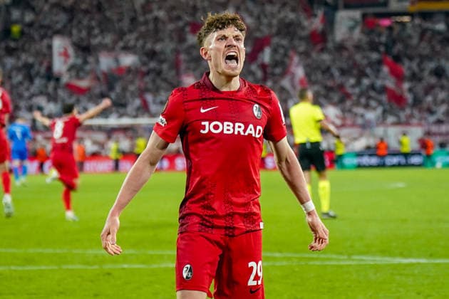 Germany Soccer Europa League 2025 2026, semi-final SC Freiburg vs Sporting Braga Europa Park Stadion Freiburg Philipp Treu SC Freiburg, 29 joy, emotions, cheering, facial expression, facial expression, emotion, gesture, gesticulation, emotion, final, victory Copyright: xJOERANxSTEINSIEKx