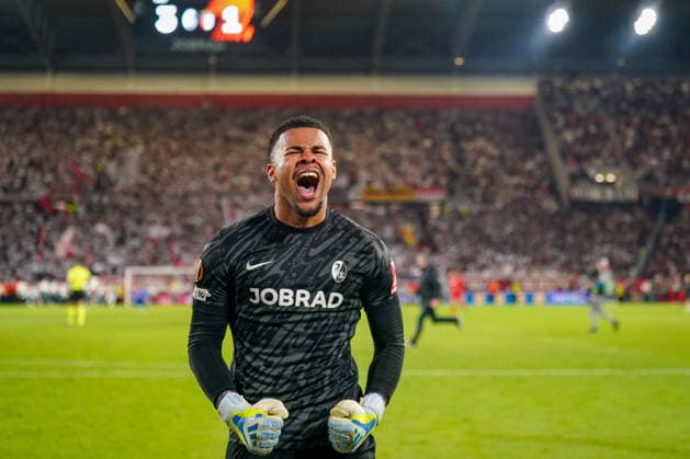 Germany Soccer Europa League 2025 2026, semi-final SC Freiburg vs Sporting Braga Europa Park Stadion Freiburg Noah Atubolu SC Freiburg, 01 joy, emotions, cheering, facial expression, facial expression, emotion, gesture, gesticulation, emotion, final, victory Copyright: xJOERANxSTEINSIEKx