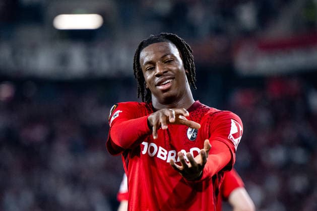 GER, Europa League, semi-final, SC Freiburg vs Sporting Braga 07 05 2026, Europa Park Stadion, Freiburg, GER, Europa League, semi-final, SC Freiburg vs Sporting Braga, in the picture Johan Manzambi SC Freiburg, 44 celebrates the goal to 2 0, nordphotoxGmbHx xMemmler nph00005