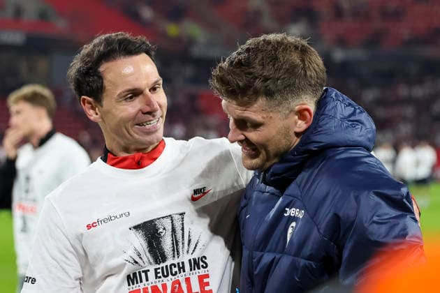 Nicolas Höfler, Hofler SC Freiburg, 27 and Lukas Kübler, Kubler SC Freiburg, 17 after the match , Germany, Football, UEFA Europa League, Semi-final, 2025 2026, SC Freiburg vs Sporting Braga, 07 05 2026, Freiburg im Breisgau Europa Park Stadium Germany Copyright: xGrantxHubbsx