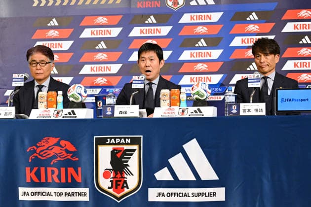 (L-R) Masakuni Yamamoto (JPN), Hajime Moriyasu (JPN), JFATsuneyasu Miyamoto (JPN), MAY 15, 2026 - Football Soccer : Japan head coach Hajime Moriyasu attends the press conference, PK, Pressekonferenz to announce the squad for the FIFA World Cup, WM, Weltmeisterschaft, Fussball 2026 in Tokyo, Japan. Noxthirdxpartyxsales aflo_330455895