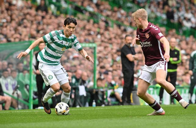 Hyunjan Yang of Celtic and Harry Milne of Hearts Celtic v Heart of Midlothian, William Hill Scottish Premiership, Football, Celtic Park, Glasgow, Scotland, UK - 16 May 2026Glasgow Celtic Park United Kingdom EDITORIAL USE ONLY No use with unauthorised audio, video, data, fixture lists, club league logos or live services. Online in-match use limited to 120 images, no video emulation. No use in betting, games or single club league player publications. Copyright: xMarkxRunnacles Shutterstockx 16876830bn