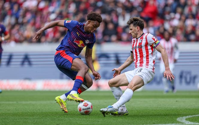 GER, Freiburg, SC Freiburg vs RB Leipzig, Bundesliga, Football, DFB, Season 2025 2026, Europa Park Stadium, 34 Matchday in the picture from l Assan Ouedraogo RB Leipzig 20 scores the goal to 2 1, Maximilian Eggestein SC Freiburg 8 DFB DFL REGULATIONS PROHIBIT ANY USE OF PHOTOGRAPHS AS IMAGE SEQUENCES AND OR QUASI VIDEO, 16 05 2026 Copyright: HMBxMedia HendrikxHamelau