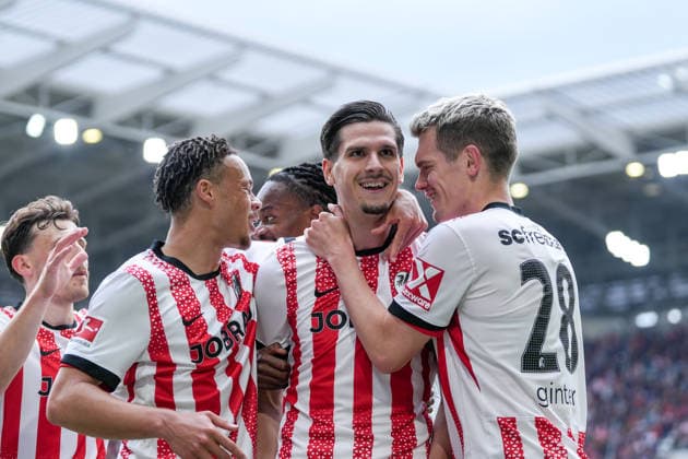 Derry Scherhant SC Freiburg, 07 , Igor Matanovic SC Freiburg, 31 , Matthias Ginter SC Freiburg, 28 Goal celebration, Emotions, Goal shot, Conclusion, Goal success, Goal, Goal , Germany, Football, 1 Bundesliga, 34 Matchday, 2025 2026, SC Freiburg vs RB Leipzig, 16 05 2026, Europa Park Stadion, Freiburg Freiburg Europa Park Stadion Baden Württemberg Germany Copyright: xArnexAmbergx