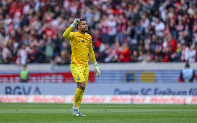 GER, Freiburg, SC Freiburg vs RB Leipzig, Bundesliga, Football, DFB, Season 2025 2026, Europa Park Stadium, 34 Matchday in picture Noah Atubolu SC Freiburg 1 , Goal and jubilation, Emotions and joy DFB DFL REGULATIONS PROHIBIT ANY USE OF PHOTOGRAPHS AS IMAGE SEQUENCES AND OR QUASI VIDEO, 16 05 2026 Copyright: HMBxMedia HendrikxHamelau