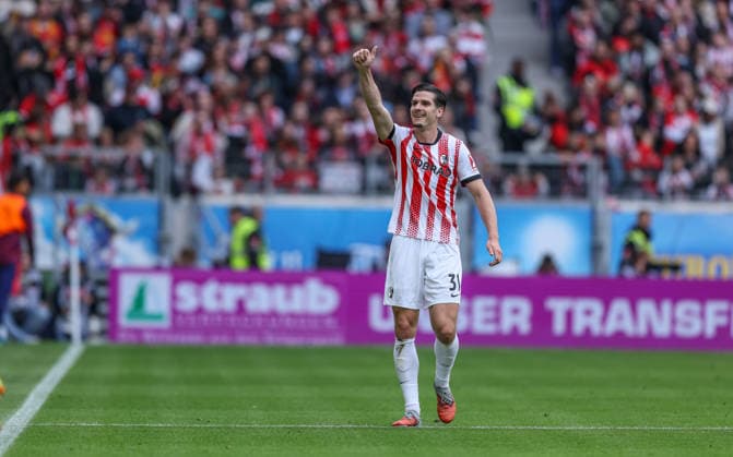 GER, Freiburg, SC Freiburg vs RB Leipzig, Bundesliga, Football, DFB, Season 2025 2026, Europa Park Stadium, 34 Matchday in picture Igor Matanovic SC Freiburg 31 , Goal and jubilation, Emotions and joy, 2 0 DFB DFL REGULATIONS PROHIBIT ANY USE OF PHOTOGRAPHS AS IMAGE SEQUENCES AND OR QUASI VIDEO, 16 05 2026 Copyright: HMBxMedia HendrikxHamelau