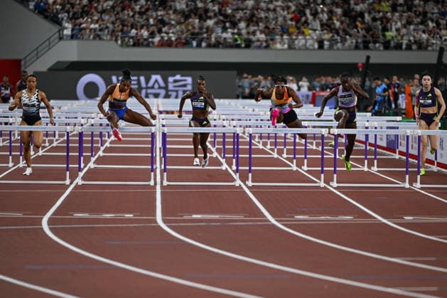 Wanda Diamond League 2026 - Shanghai Keqiao SHAOXING, CHINA - MAY 16: (L-R) Ditaji Kambundji of Switzerland, Masai Russell of United States, Ackera Nugent of Jamaica, Devynne Charlton of Bahamas, Tobi Amusan of Nigeria, and Yanni Wu of China clear hurdles in the women s 100m hurdles final during the Yangtze River Delta Athletics Diamond Gala, the Shanghai Keqiao leg and opening meeting of the 2026 Wanda Diamond League circuit, at the China Textile City Sports Center in Keqiao, Shaoxing, Zhejiang province, China, on May 16, 2026. Artur Widak Anadolu Shaoxing China. Editorial use only. Please get in touch for any other usage. Copyright: x2026xAnadoluxArturxWidakx