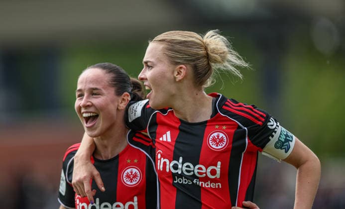 GER, Frankfurt, Eintracht Frankfurt vs Union Berlin, Google Pixel Bundesliga, Football, DFB, Season 2025 2026, Stadion am Brentanobad, 26 Matchday in picture Laura Freigang Eintracht Frankfurt Women 10 , Goal, Cheers and joy, Emotions, Geraldine Reuteler Eintracht Frankfurt Women 14 DFB DFL REGULATIONS PROHIBIT ANY USE OF PHOTOGRAPHS AS IMAGE SEQUENCES AND OR QUASI VIDEO, 17 05 2026 Copyright: HMBxMedia HendrikxHamelau