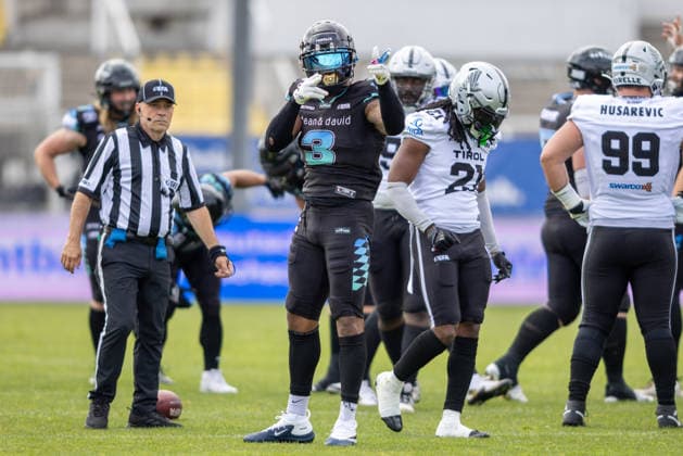 Jubel, Celebration, Freude, Emotion, Feier Malik Stanley (Munich Ravens, 03) Munich Ravens vs Raiders Tirol, American Football, European Football Alliance (EFA), Week 1, 2026, 17.05.2026, Munich Grünwalder Stadion Munich Germany Copyright: xFootxBowl BjörnxKeckerx
