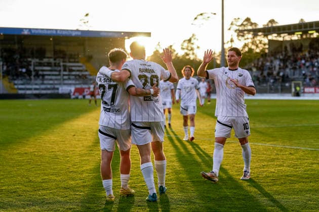 from left Marvin Schulz SVS, 27 , scorer Robert Ramsak SVS, 29 , Jahn Herrmann SVS, 10 , players of SV Sandhausen SVS , cheer about the goal to 3 3, jubilation, goal celebration, celebrate the goal, goal, celebration, cheers about the goal, rejoicing, joy, rejoices, optimistic, positive, game scene, highlight, action, action, 20 05 2026, Sandhausen Germany , football, anniversary match, SV Sandhausen Eintracht Frankfurt xozx