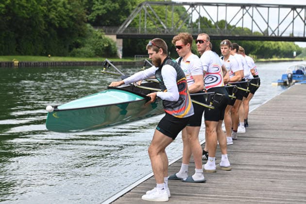 The German Eight with stroke Soenke KRUSE Sönke Julius CHRIST, Tassilo von MUELLER Von Müller , Tobias STRANGEMANN Olaf ROGGENSACK, Mattes SCHOENHERR Schönherr , Paul KLAPPERICH, Theis HAGEMEISTER, cox Jonas WIESEN, launch their boat, rowing, presentation Germany Eight of the 2026 season, on 21 05 2026 in Dortmund Germany Â