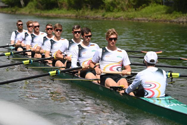 The German Eight with stroke Soenke KRUSE Sönke Julius CHRIST, Tassilo von MUELLER Von Müller , Tobias STRANGEMANN Olaf ROGGENSACK, Mattes SCHOENHERR Schönherr , Paul KLAPPERICH, Theis HAGEMEISTER, helmsman Jonas WIESEN, during training on the Dortmund Ems Canal, Rowing, Presentation Germany Eight of the 2026 season, on 21 05 2026 in Dortmund Germany Â