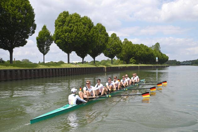 The German Eight with stroke Soenke KRUSE Sönke Julius CHRIST, Tassilo von MUELLER Von Müller , Tobias STRANGEMANN Olaf ROGGENSACK, Mattes SCHOENHERR Schönherr , Paul KLAPPERICH, Theis HAGEMEISTER, helmsman Jonas WIESEN, during training on the Dortmund Ems Canal, Rowing, Presentation Germany Eight of the 2026 season, on 21 05 2026 in Dortmund Germany Â