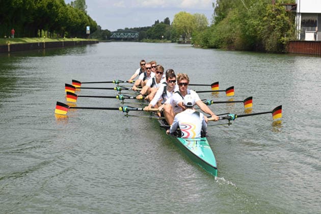 The German Eight with stroke Soenke KRUSE Sönke Julius CHRIST, Tassilo von MUELLER Von Müller , Tobias STRANGEMANN Olaf ROGGENSACK, Mattes SCHOENHERR Schönherr , Paul KLAPPERICH, Theis HAGEMEISTER, helmsman Jonas WIESEN, during training on the Dortmund Ems Canal, Rowing, Presentation Germany Eight of the 2026 season, on 21 05 2026 in Dortmund Germany Â