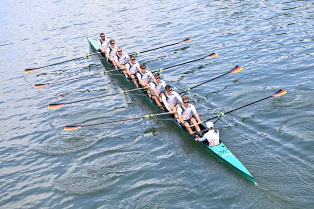The German Eight with stroke Soenke KRUSE Sönke Julius CHRIST, Tassilo von MUELLER Von Müller , Tobias STRANGEMANN Olaf ROGGENSACK, Mattes SCHOENHERR Schönherr , Paul KLAPPERICH, Theis HAGEMEISTER, helmsman Jonas WIESEN, during training on the Dortmund Ems Canal, Rowing, Presentation Germany Eight of the 2026 season, on 21 05 2026 in Dortmund Germany Â