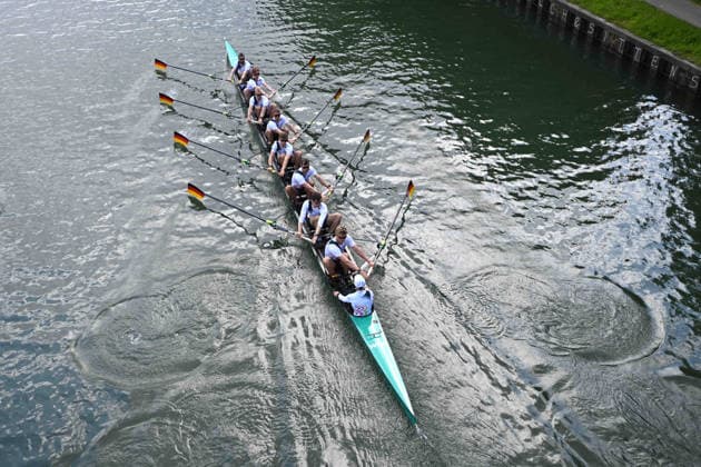 The German Eight with stroke Soenke KRUSE Sönke Julius CHRIST, Tassilo von MUELLER Von Müller , Tobias STRANGEMANN Olaf ROGGENSACK, Mattes SCHOENHERR Schönherr , Paul KLAPPERICH, Theis HAGEMEISTER, helmsman Jonas WIESEN, during training on the Dortmund Ems Canal, Rowing, Presentation Germany Eight of the 2026 season, on 21 05 2026 in Dortmund Germany Â