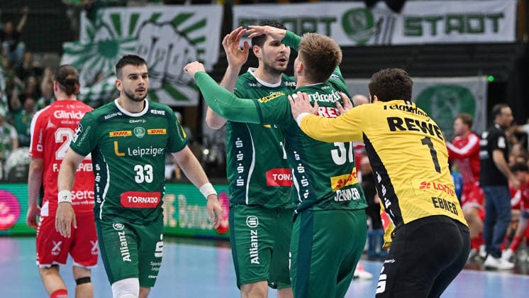 Handball Bundesliga, Saison 2025 2026, 32 Spieltag, SC DHfK Leipzig vs MT Melsungen 21 05 2026 Jubel Luka Rogan Kreis Kreisläufer DHfK Leipzig, Rückennummer 33 , Marko Mamic Rückraum Rückraumspieler DHfK Leipzig, Rückennummer 14 , Franz Semper center back DHfK Leipzig, back number 32 , Domenico Ebner goalkeeper goalkeeper DHfK Leipzig, back number 1 at the handball Bundesliga match DHfK Leipzig vs MT Melsungen 21 05 2026 Leipzig Saxony Germany QUARTERBACK Immobilien Arena Am Sportforum 2