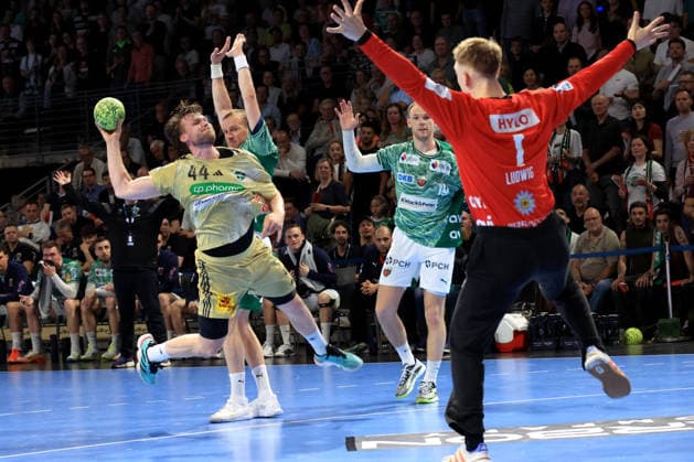 DEU, DHB, 1 HBL, Fuechse Berlin vs Hannover Burgdorf, 21 05 2026, Max Schmeling Halle, Berlin, DEU, DHB, 1 HBL, Fuechse Berlin vs Hannover Burgdorf, in the picture Max Darj Fuechse Berlin 5 , Mathias Gidsel Fuechse Berlin 19 , Lasse Ludwig Fuechse Berlin 1 , Thomas Alfred Solstad Hannover Burgdorf 44 nordphotoxGmbHx xEngler nph00076
