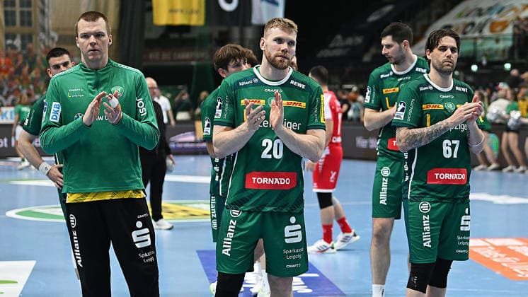 Handball Bundesliga, Season 2025 2026, Matchday 32, SC DHfK Leipzig vs MT Melsungen 21 05 2026 Disappointment among players from Leipzig after the defeat in the Handball Bundesliga match DHfK Leipzig vs MT Melsungen 21 05 2026 On display Staffan Peter Outfielder DHfK Leipzig, back number 18 , William Bogojevic wing back DHfK Leipzig, back number 20 , Marko Mamic wing back DHfK Leipzig, back number 14 , Dean Bombac wing back DHfK Leipzig, back number 67 Leipzig Saxony Germany QUARTERBACK Immobilien Arena Am Sportforum 2