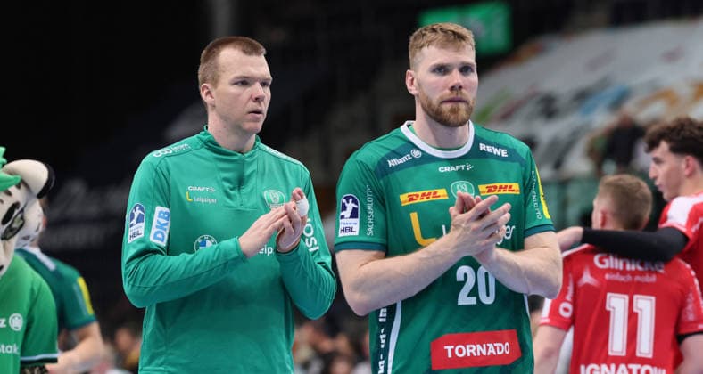 Leipzig, 21 05 2026, Arena Leipzig, Handball, Bundesliga, 32 Matchday , SC DHfK Leipzig vs MT Melsungen 27 33 12 13 , In the picture Disappointment at Leipzig goalkeeper Tomas Mrkva 16, Leipzig , William Bogojevic 20, Leipzig , For editorial use only Only editorial use , DHB HBL regulations prohibit any use of photographs as image sequences and or quasi video ,