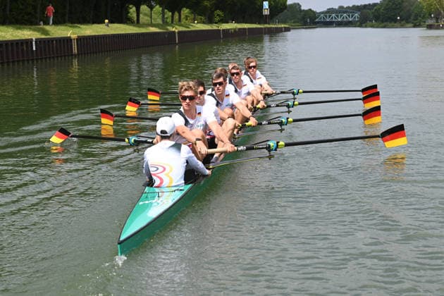 The German Eight with stroke Soenke KRUSE Sönke Julius CHRIST, Tassilo von MUELLER Von Müller , Tobias STRANGEMANN Olaf ROGGENSACK, Mattes SCHOENHERR Schönherr , Paul KLAPPERICH, Theis HAGEMEISTER, helmsman Jonas WIESEN, and the during training on the Dortmund Ems Canal, Rowing, Presentation Germany Eight of the 2026 season, on 21 05 2026 in Dortmund Germany Â