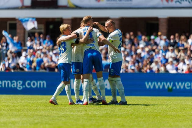 Goal celebration 1 0 v l Viktor Bergh Rostock , Kenan Fatkic Rostock , hidden goal scorer Lukas Kunze Rostock , Emil Frost Holten Rostock and Franz Pfanne Rostock GER, FC Hansa Rostock vs SV Pastow, Football, Men, Lübzer Pils Landespokal, Final, Season 2025 2026, 23 05 2026 Greifswald Volksstadion Mecklenburg Vorpommern Germany