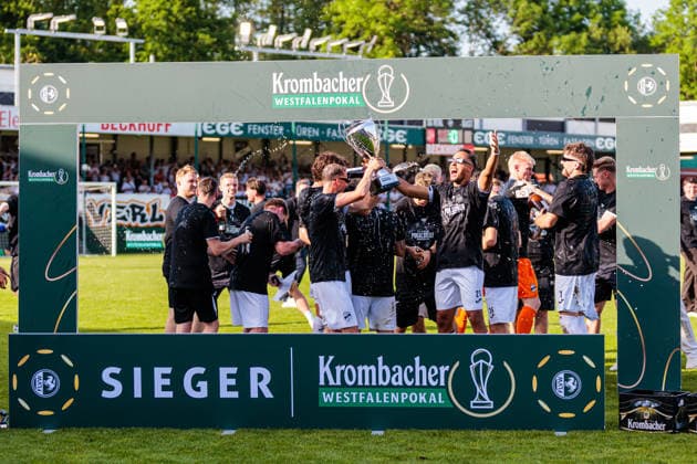 The SC Verl team celebrates after winning the final of the Krombacher Westfalenpokal GER, SC Verl vs SF Lotte, Football, Westfalenpokal, Final, Season 2025 2026, 23 05 2026 DFL Regulations prohibit any use of photographers as image sequences and or quasi video GER, SC Verl vs SF Lotte, Football, Westfalenpokal, Final, Season 2025 2026, 23 05 2026 Verl Copyright: xEibner-Pressefoto JanxRollingerx EP_JSK