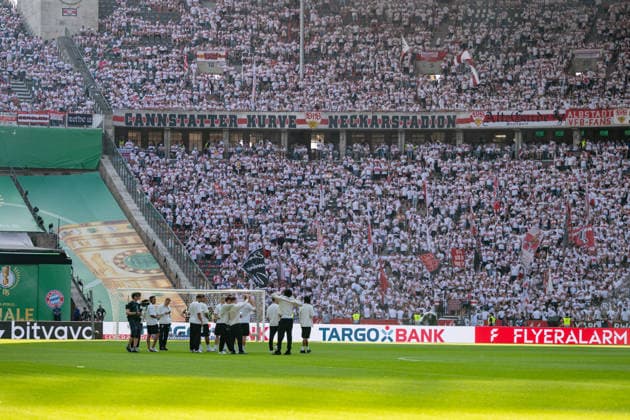 VfB Stuttgart players on the pitch in the background the VfB Stuttgart fans GER, FC Bayern Muenchen vs VfB Stuttgart, Football, Men, DFB Pokal, Final, Season 2025 2026, 23 05 2026, DFL DFB REGULATIONS PROHIBIT ANY USE OF PHOTOGRAPHS AS IMAGE SEQUENCES AND OR QUASI VIDEO, GER, FC Bayern Muenchen vs VfB Stuttgart, Football, Men, DFB Pokal, Final, Season 2025 2026, 23 05 2026 Berlin Copyright: xEibner-Pressefoto WolfgangxFrankx EP_WFK