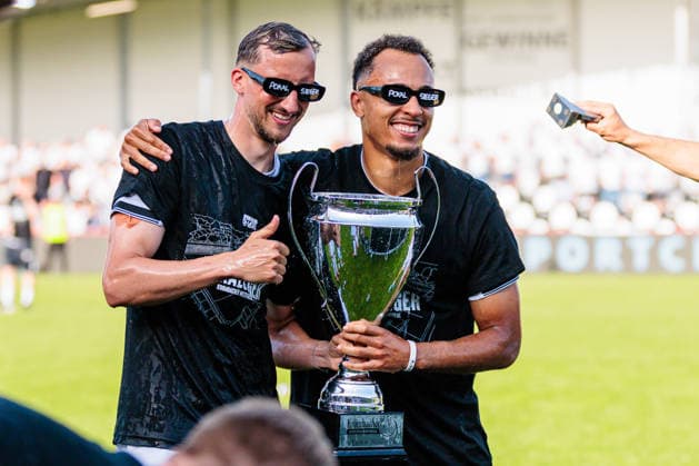 L R Michel Julius Stoecker SC Verl, 24 , Tobias Knost SC Verl, 21 cheer after winning the final of the Krombacher Westfalenpokal GER, SC Verl vs SF Lotte, Football, Westfalenpokal, Final, Season 2025 2026, 23 05 2026 DFL Regulations prohibit any use of photographers as image sequences and or quasi video GER, SC Verl vs SF Lotte, Football, Westfalenpokal, Final, Season 2025 2026, 23 05 2026 Verl Copyright: xEibner-Pressefoto JanxRollingerx EP_JSK