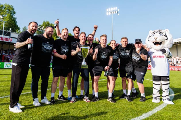 The SC Verl coaching team celebrates after winning the final of the Krombacher Westfalenpokal, Tobias Strobl SC Verl, head coach holds the cup GER, SC Verl vs SF Lotte, Football, Westfalenpokal, Final, Season 2025 2026, 23 05 2026 DFL Regulations prohibit any use of photographers as image sequences and or quasi video GER, SC Verl vs SF Lotte, Football, Westfalenpokal, Final, Season 2025 2026, 23 05 2026 Verl Copyright: xEibner-Pressefoto JanxRollingerx EP_JSK