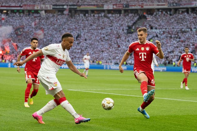 v li Jamie Leweling VfB Stuttgart 18 , Aleksandar Pavlovic FC Bayern Muenchen, 45 GER, FC Bayern Muenchen vs VfB Stuttgart, Football, Men, DFB Pokal, Final, Season 2025 2026, 23 05 2026, DFL DFB REGULATES PROHIBIT ANY USE OF PHOTOGRAPHS AS IMAGE SEQUENCES AND OR QUASI VIDEO, GER, FC Bayern Muenchen vs VfB Stuttgart, Football, Men, DFB Cup, Final, Season 2025 2026, 23 05 2026 Berlin Copyright: xEibner-Pressefoto WolfgangxFrankx EP_WFK