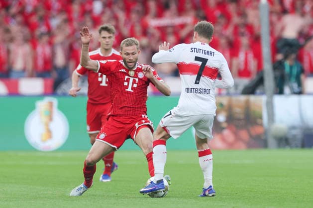 Konrad Laimer FC Bayern Muenchen and Maximilian Mittelstaedt VfB Stuttgart battle for the ball, DFB Cup Final 2026, FC Bayern München v VfB Stuttgart, Olympiastadion on May 23, 2026 in Berlin, Germany Photo by Marco Steinbrenner DeFodi Images Konrad Laimer FC Bayern Muenchen and Maximilian Mittelstaedt VfB Stuttgart battle for the ball, DFB Cup Final 2026, FC Bayern München v VfB Stuttgart, Olympiastadion, May 23, 2026 in Berlin, Germany Photo by Marco Steinbrenner DeFodi Images
