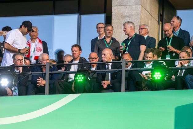 Soccer, men, 2025 2026 season, 83 DFB Cup final, FC Bayern Munich VfB Stuttgart, from l Managing Director Sport Andreas Rettig German Football Association , Director National Team Rudi Völler German Football Association , Coach National Coach Julian Nagelsmann Germany , DFB President Bernd Neuendorf German Football Association , Finance Minister and Deputy Chancellor Friedrich Merz Lars Klingbeil, 1 Vice President Hans Joachim Watzke German Football Association in the stands, 23 05 2026, Copyright: xMatthiasxKochx