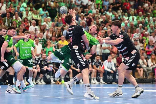 Goal throw by Justin Mueller HSG Wetzlar, 25 GER, HSG Wetzlar vs HC Erlangen, Handball, 1 Bundesliga, Matchday 32, Season 2025 2026, 23 05 2026 GER, HSG Wetzlar vs HC Erlangen, Handball, 1 Bundesliga, Matchday 32, Season 2025 2026, 23 05 2026 Wetzlar Copyright: xEibner-Pressefoto RenexWeissx EP_RWS