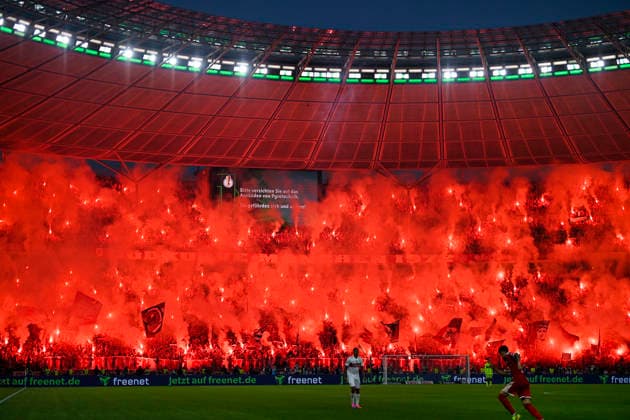 Bengalos, pyrotechnics, pyro, fireworks, fan block, fans, fan curve, flags, flags, atmosphere, atmospheric FC Bayern Muenchen 83 DFB Pokalfinale FC Bayern Muenchen FCB vs VFB Stuttgart Olympiastadion Berlin 23 05 2026 DFL REGULATIONS PROHIBIT ANY USE OF PHOTOGRAPHS AS IMAGE SEQUENCES AND OR QUASI VIDEO 83 DFB Pokalfinale FC Bayern Muenchen FCB vs VFB Stuttgart