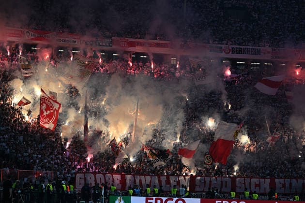 23 05 2026, xsltx, Football DFB Cup Final, FC Bayern Munich VfB Stuttgart v l Fans, Atmosphere, Scarves, Flags, Visitors, Commando Cannstatt, Ultras VfB Stuttgart to end Pyrotechnics, Benglos, Smoke, Fog, Fireworks DFL DFB REGULATIONS PROHIBIT ANY USE OF PHOTOGRAPHS as IMAGE SEQUENCES and or QUASI VIDEO Berlin
