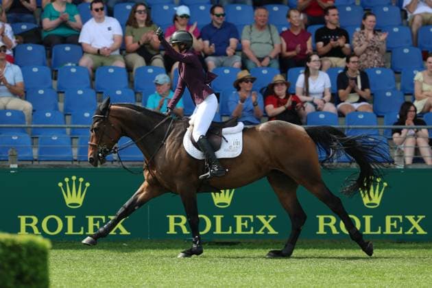Janika Sprunger SUI with horse Victory Music Z, jubilation, jubilation fist, winners fist, emotion, 1 place, winner, S9 Prize of the Craft, Youngster Tour Final, CSIYH1 show jumping competition with jump-off for young horses, World Equestrian Festival, TSCHIO Aachen 2026, TSCHIO instead of CHIO 2026, Aachener Soers, 22 to 24 May 2026, equestrian sport, 24 05 2026, Aachener Soers Aachen Germany