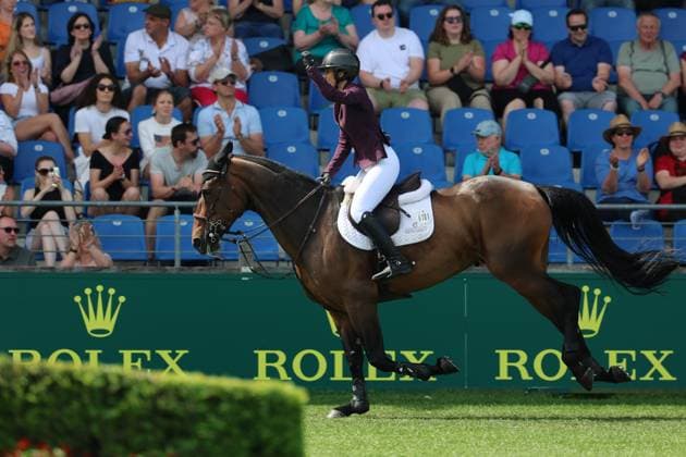 Janika Sprunger SUI with horse Victory Music Z, jubilation, jubilation fist, winners fist, emotion, 1 place, winner, S9 Prize of the Craft, Youngster Tour Final, CSIYH1 show jumping competition with jump-off for young horses, World Equestrian Festival, TSCHIO Aachen 2026, TSCHIO instead of CHIO 2026, Aachener Soers, 22 to 24 May 2026, equestrian sport, 24 05 2026, Aachener Soers Aachen Germany