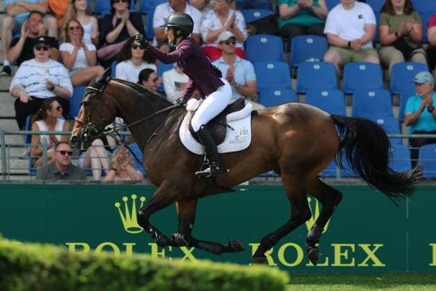 Janika Sprunger SUI with horse Victory Music Z, jubilation, jubilation fist, winners fist, emotion, 1 place, winner, S9 Prize of the Craft, Youngster Tour Final, CSIYH1 show jumping competition with jump-off for young horses, World Equestrian Festival, TSCHIO Aachen 2026, TSCHIO instead of CHIO 2026, Aachener Soers, 22 to 24 May 2026, equestrian sport, 24 05 2026, Aachener Soers Aachen Germany