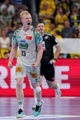 Goalscorer Magnus Saugstrup SCM, 23 , player of SC Magdeburg, cheers about a goal, jubilation, cheering, goal celebration, celebrate the goal, goal, celebration, cheers about the goal, rejoicing, joy, rejoices, optimistic, positive, game scene, highlight, cropped, full body, single picture, single photo, action, action, 24 05 2026, Mannheim Germany , Handball, Bundesliga, Rhein Neckar Löwen SC Magdeburg xozx