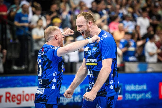 Lenny Rubin TVB Stuttgart, 44 cheering with Patrick Zieker TVB Stuttgart, 25 GER, TVB Stuttgart SG Flensburg Handewitt, DAIKIN HBL, Handball, Bundesliga, 32 Matchday, Season 2025 2026, 24 05 2026 GER, TVB Stuttgart SG Flensburg Handewitt, DAIKIN HBL, Handball, Bundesliga, 32 Matchday, Season 2025 2026, 24 05 2026 Stuttgart Copyright: xSandyxDinkelackerx EP_SDR
