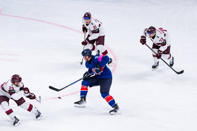 ZURICH, SWITZERLAND - MAY 24: Liam Steele (Great Britain, 3) against Ralfs Freibergs (Latvia, 29), Rudolfs Balcers (Latvia, 21) and Deniss Smirnovs (Latvia, 73) during the Preliminary Round - Group A Match 43 between Great Britain and Latvia at the IIHF Ice hockey, Eishockey World Championship, WM, Weltmeisterschaft 2026, Swiss Life Arena on May 24, 2026 in Zurich, Switzerland. Zurich Switzerland Copyright: xTimoxSteinx